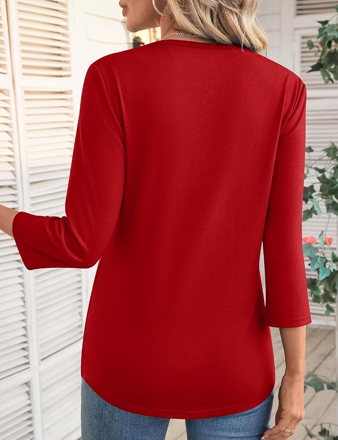 LOMON 3/4 Length Sleeve Womens Tops Spring Summer Fashion 2026 Tops Crew Neck Pleated Shirts Tunic Top Loose Fit
