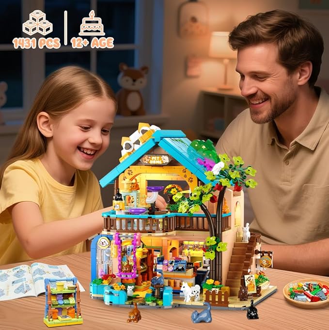 City Pet Shop Building Set with Lights, Cozy Pet House Construction Toy with Cats Dogs Rabbit, 1431 PCS Cute Animal Store Miniature Model Building Block Kit for Adults Kids Boys Girls Ages 12+