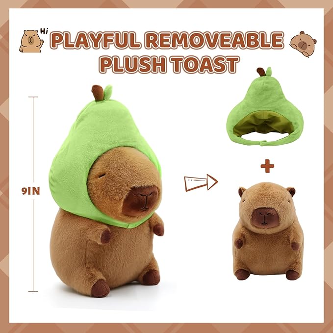 Capybara Plush, Cute Capybara Plush Toy Wear Removable Avocado Hat, Kawaii Soft Capybara Plushie Pillow, 14 inch Capybara Stuffed Animal Hugging Plushy Gifts for Kids Adults (Medium)