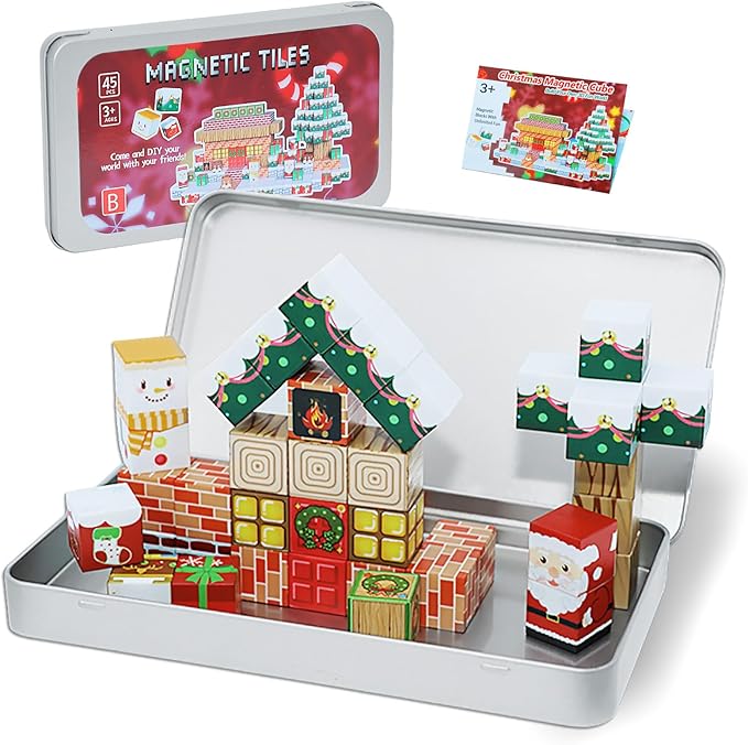 Magnetic Blocks Set, 45PCS Educational STEM Christmas Travel Building Toys for Kids 3+, Portable Magnetic Block with Metal Storage Box, Toddler Learning Toys for Boys Girls 4-8 Birthday Gift
