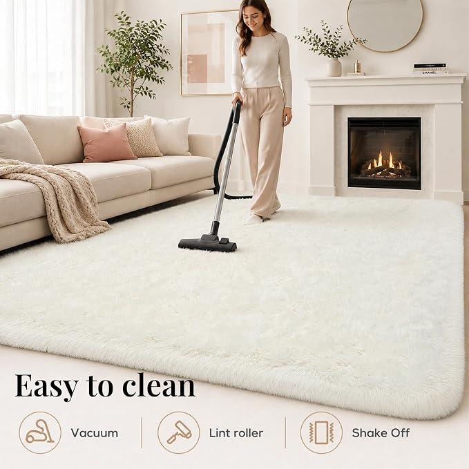 Area Rug for Living Room Bedroom: 6x9 White Soft Fluffy Shag Upgrade Non-Slip High Pile Carpet Large Fuzzy Plush Indoor Floor Decor Shaggy Rug for Kid Boys Girls Dorms Playroom Nursery Modern Home