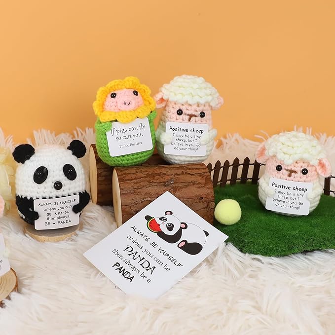 PARTY TONIGHT Positive Crochet Sheep with Affirmations Cards Sheep Gifts,Mini Knitted Positive Crochet Animals Lamb Emotional Support Crochet Sheep for Motivational Gift Sheep Decor