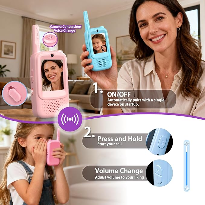 NUFR Video Walkie Talkies for Kids with 6 Voice Changer, Handheld Long Range Rechargeable Video Intercom Toys with Screen, 2 Pack Walkie Talkie for Girls Boys Indoor Outdoor Games Camping
