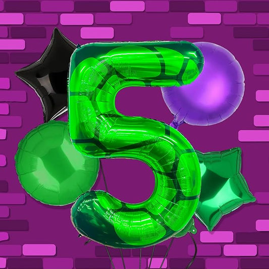 5Pcs Cartoon Turtle Theme Birthday Decorations 40 Inch Number 5 Foil Balloons Super Green Turtle Themed Hero Large Mylar 5th Number Balloon Video Game Pizza Balloons Party Favors Purple