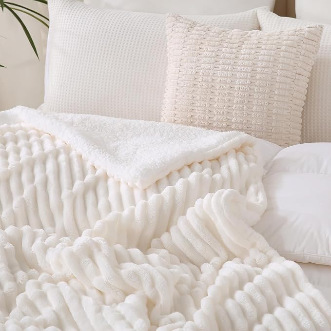 Cream White Sherpa Fleece Throw Blanket 50”×60” for Couch Sofa | Double Side Soft Fuzzy Cozy Plush Thick Flannel Blanket with Striped Design Gift for Adults,Woman