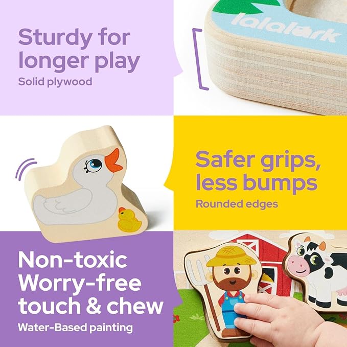 lalalark Musical Wooden Puzzles Toys, Tactile & Sound Farm Animal Toys for Baby 2-4, Montessori Educational Block Puzzles, Learning Toddler Kids Birthday Gifts for 2 Years Old Boys Girls