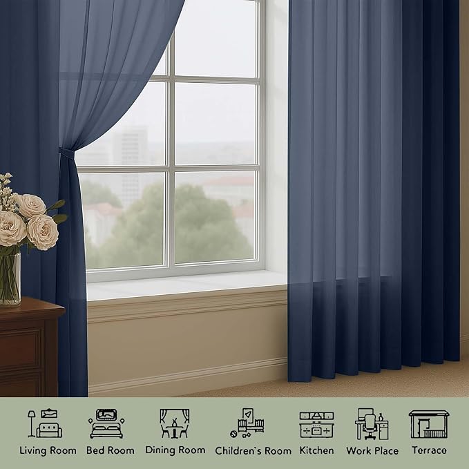 OWENIE Extra Long Navy Blue Sheer Curtains 96 Inches Long 2 Panels Set, Soft Lightweight Airy Voile Sheer Curtain for Bedroom Living Room, Rod Pocket Solid Color Farmhouse Curtains, 59" Wx96 L Inch