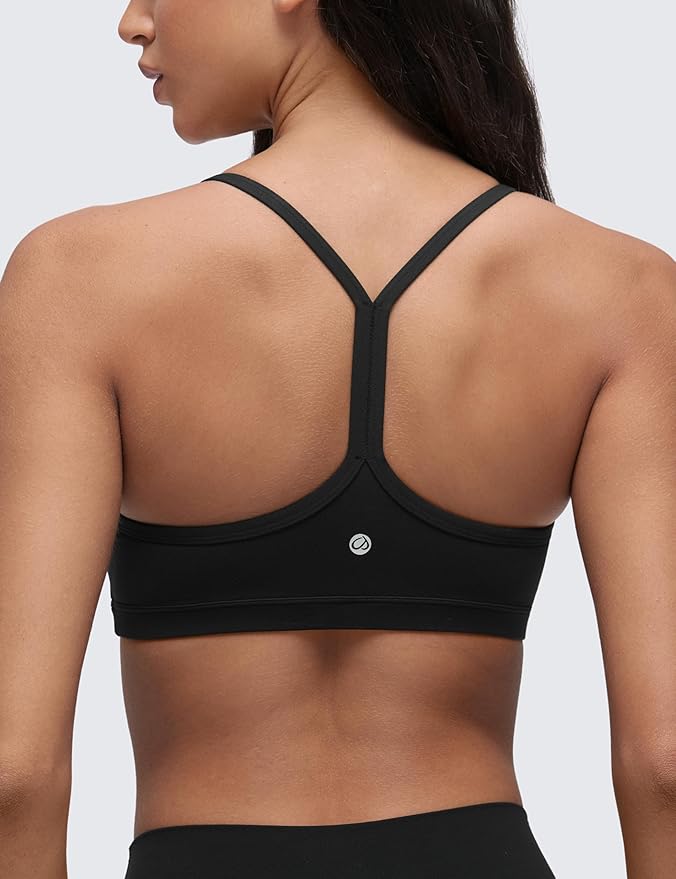 CRZ YOGA Butterluxe Ruched Sports Bras for Women - V Neck Spaghetti Thin Strap Y Back Wireless Padded Yoga Crop Top