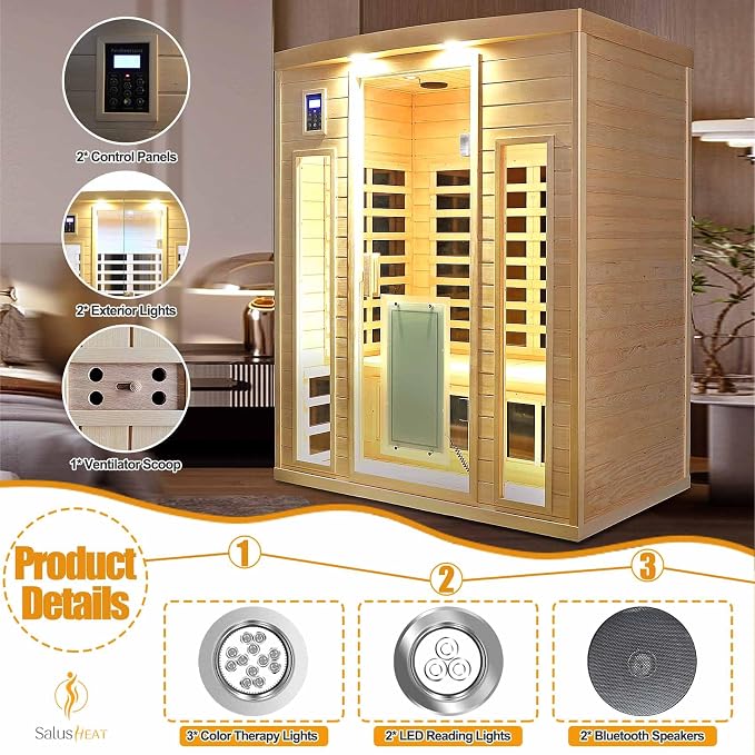 3 Person Infrared Sauna 0-5mG Ultra Low EMF Far Infrared Sauna for Home 2130W/20A Canadian Hemlock Indoor Sauna with Front Door Heating Panel, Chromotherapy Lights