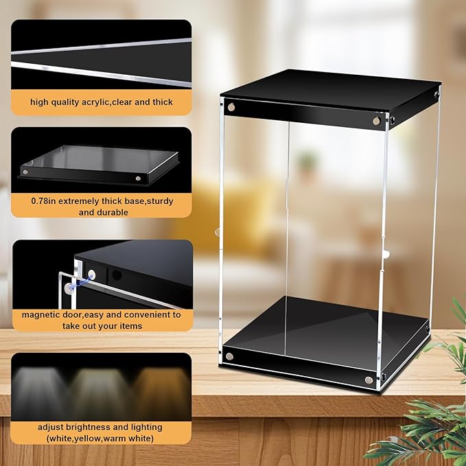 Clear Acrylic Display Case with LED Light for Trophy Collectibles，Assemble Cube Display Box Dust Proof Protection Showcase for Action Figures Toys 6" Lx6 Dx8 H