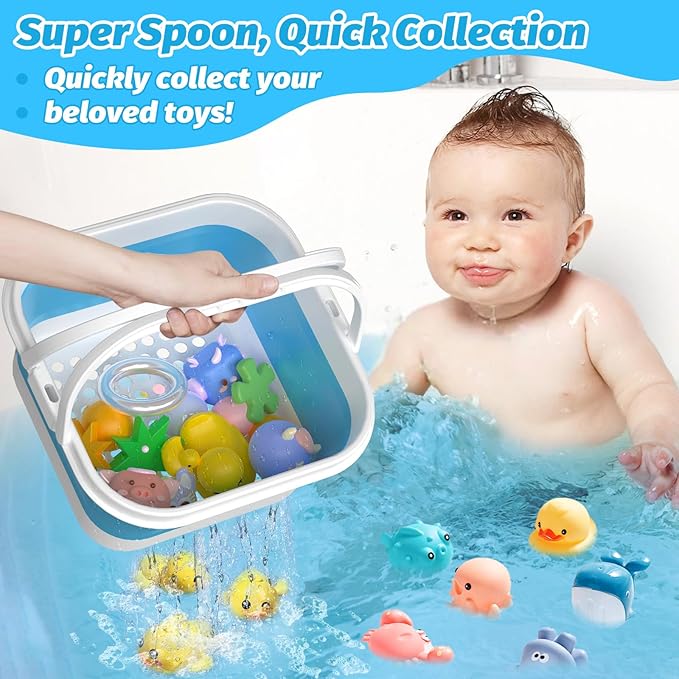 Anivia Foldable-Bath-Toy-Storage-Organizer, Bath Toy Holder with Removable Base, Quick-Drain-Drying Bathtub Toy Storage, Basket Bathroom Shower Toys Holder for Kids (Blue)