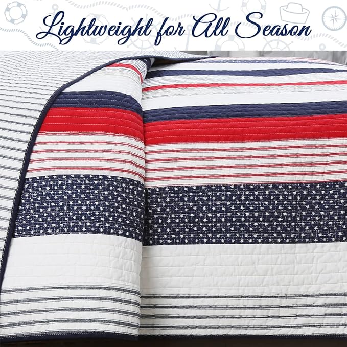 Cozy Line Home Fashions 100% Cotton Sailor Navy Blue Star Striped Reversible Bedding Quilt Set (Patriotic Stripe, Twin)