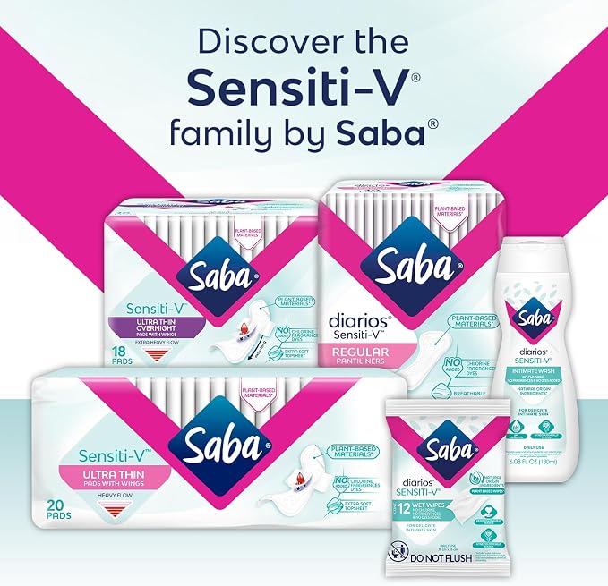 Saba Sensiti-V Ultra Thin Regular Sanitary Napkin Pads with Wings, 4-Pack of 20 Pads (80 Count)