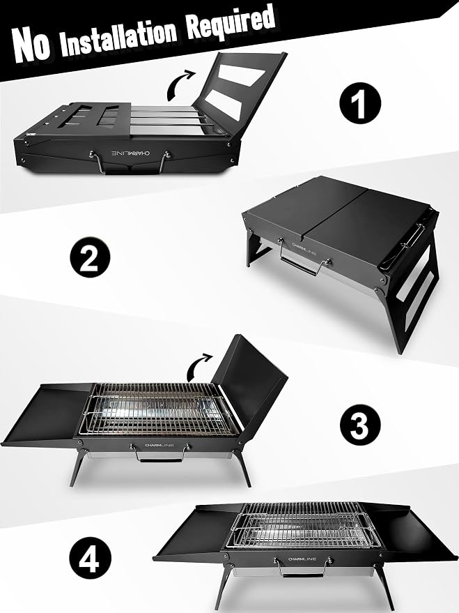 Charmline 18x13 inches Big Desktop Charcoal Grill, Liftable Grilling Net, Foldable Portable Grill for Indoor and Outdoor, BBQ Grill for Camping, Gardens, Picnics, Beach Parties, Black