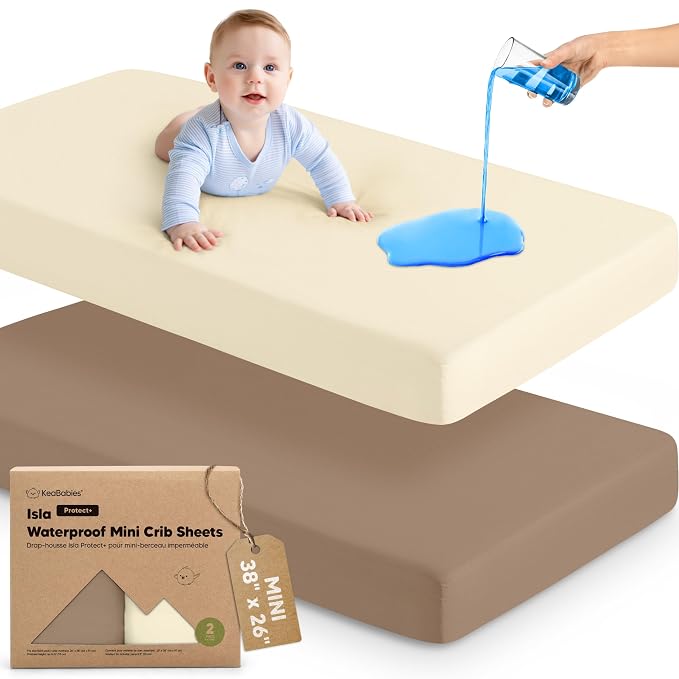 2-Pack Waterproof Pack and Play Sheets, Mini Crib Sheets Fitted for Boy, Girl - 38 x 26 Viscose from Bamboo Pack N Play Mattress Sheets for Graco, Toddler Playard Baby Crib Sheets Neutral (Latte)