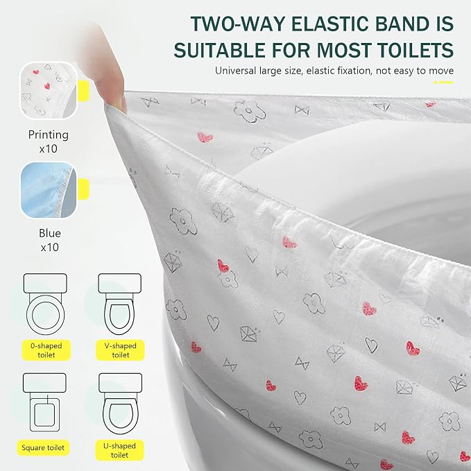 Elastic Large Size Disposable Toilet Seat Covers for Travel,20 Pack Waterproof Toilet Seat Covers for Bathroom,Fit for V/U/O/Square Shape Toilet,Individually Wrapped (2 colors-E set)