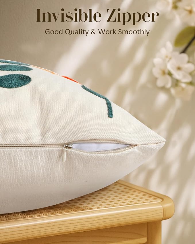 Embroidered Throw Pillow Cover - 20x20 Decorative Pillow Cover with Zipper Aesthetic Cute Design Boho Spring Summer Cozy Throw Pillowcase for Living Room Couch Sofa Bed, Plants