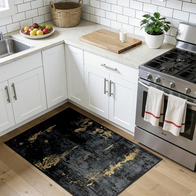 RELEANY Washable 3'x4' Abstract Area Rug for Living Room Black Gold | carpet for bedroom, kitchen, office, hallway and entryway, printed pattern, non-slip, soft, stain-resistant, easy to clean