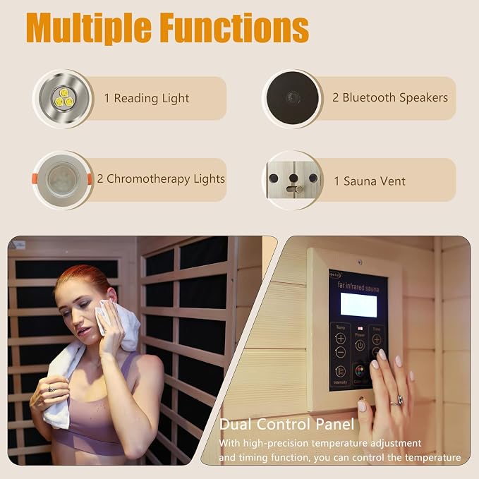 Kanlanth Far Infrared Wooden Sauna Room, 2 Person Home Sauna, Canadian Hemlock Indoor Sauna Spa, 9 Low EMF Heaters,1,750watt, 2 Chromotherapy Lights, 2 Bluetooth Speakers, 1 LED Reading Lamp