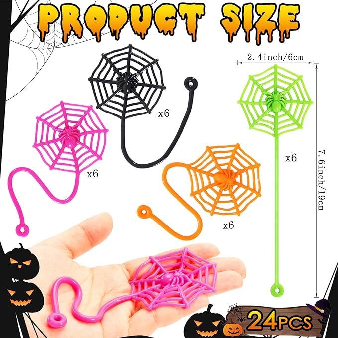 24 PCS Sticky Spider Web for Kids, 7.6 Inches Cobweb Sticky Hand Toys, Halloween Spider Party Favors for Goodie Bag Stuffers, Birthday, Classroom Prizes Supplies (4 Colors)