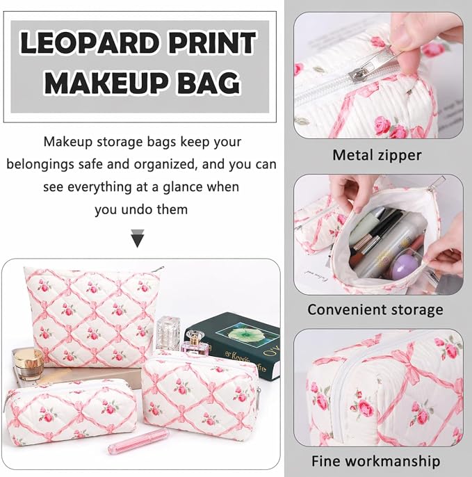 3 Pcs Makeup Bag Cosmetic Bag Set for Girls Women Travel Organizer Bathroom Toiletry Pouch Large Capacity Storage Bag（Pink Ribbon）