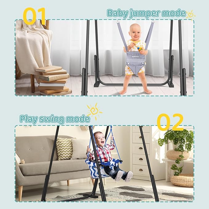 Slevoo 2 in 1 Baby Jumper Swing, Portable Toddler Swing with Foldable Stand, Indoor Outdoor Baby Jumpers and Bouncers, 6 Months to 6 Years, Grey