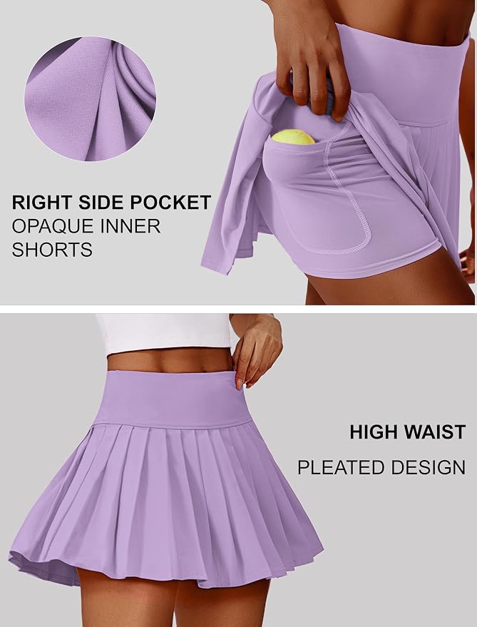 PINSPARK Pleated Tennis Skirts Mini Athletic Golf Skorts with Pocket | 14", High Waist, Lightweight, Quick Dry, Stretchy, Inner Shorts, Sun Protection, Pickleball, Casual, for Women