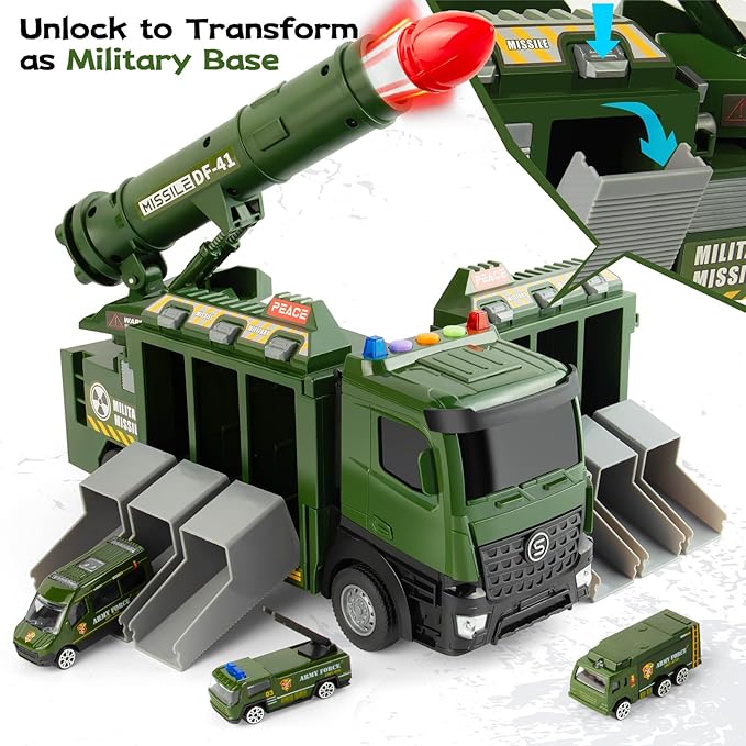 7 in 1 Military Truck Toys, with Rocket Launcher, 6 Mini Battle Vehicle Toy, Army Carrier Truck with Lights and Sounds, Green Toys Trucks Gifts for Toddler Kids Boys Girls Ages 4 5 6 7 8