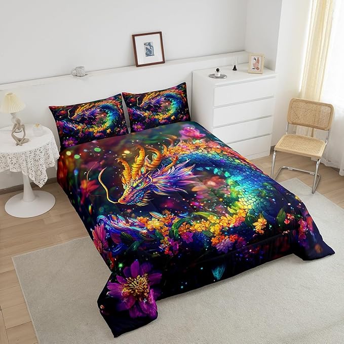 Feelyou Dragon Comforter Set Twin Size Flower Dragon Comforter for Boys Girls Teens Wild Life Bedding Set Dragon Decor Duvet Set Room Decor Clorful Quilt Set