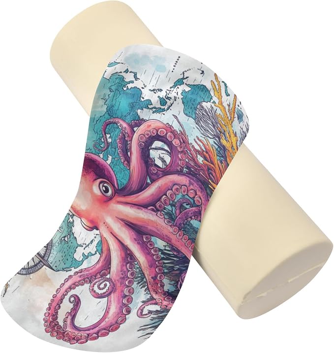 Octopus and Compass Neck Roll Pillow Bolster Round Health Memory Foam Long Cervical Cylinder Pillows with Removable Washable Cover for Body Bed Legs Back Yoga