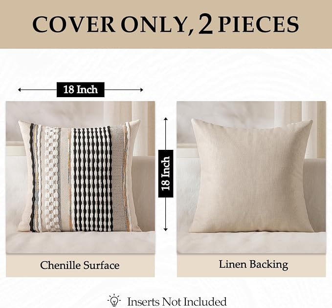 ANRODUO Boho Decorative Pillow Covers 18x18 Black-White Stripe Pack of 2 | Throw Pillow Covers, Farmhouse Cushion Case Chenille Pillow Cases Pillow Covers Accent Neutral Pillowcase for Sofa Couch Bed
