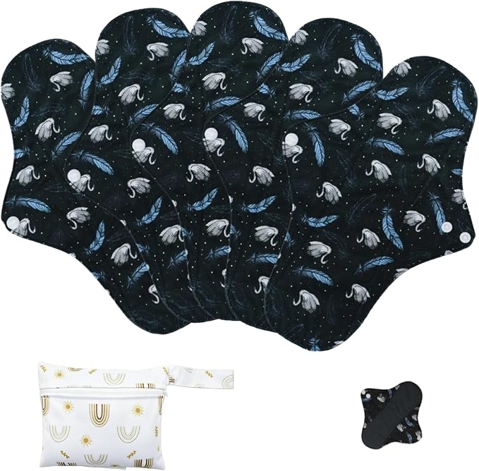 Reusable Incontinence Pads,Mesh Cotton Fabric Washable Menstrual Pads,Panty Liners Pads,Period Sanitary Napkins,with 1 Storage Bag,for Women/Postpartum/Incontinence(Black/M/5pcs)