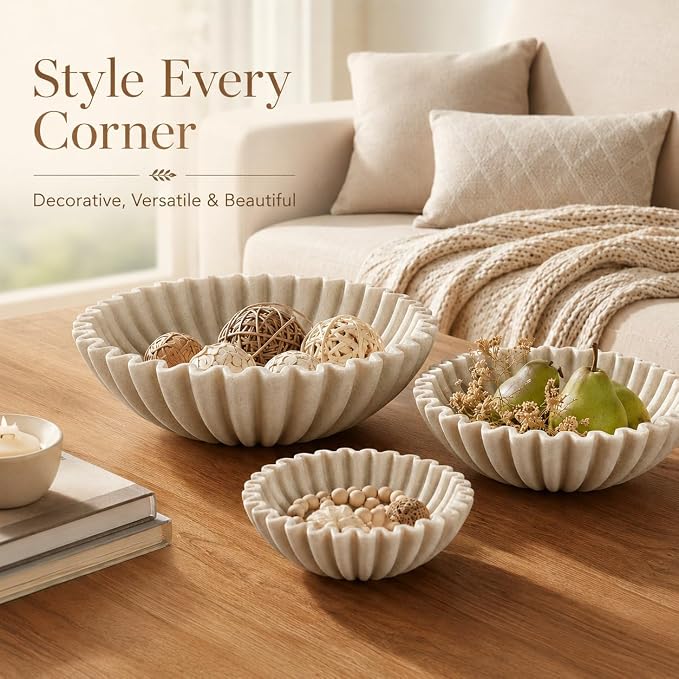 YMXYJM Decorative Bowl Set of 3, Fluted Resin Bowls for Home Decor, Beige | Includes three different sizes (Large, Medium & Small) for versatile use