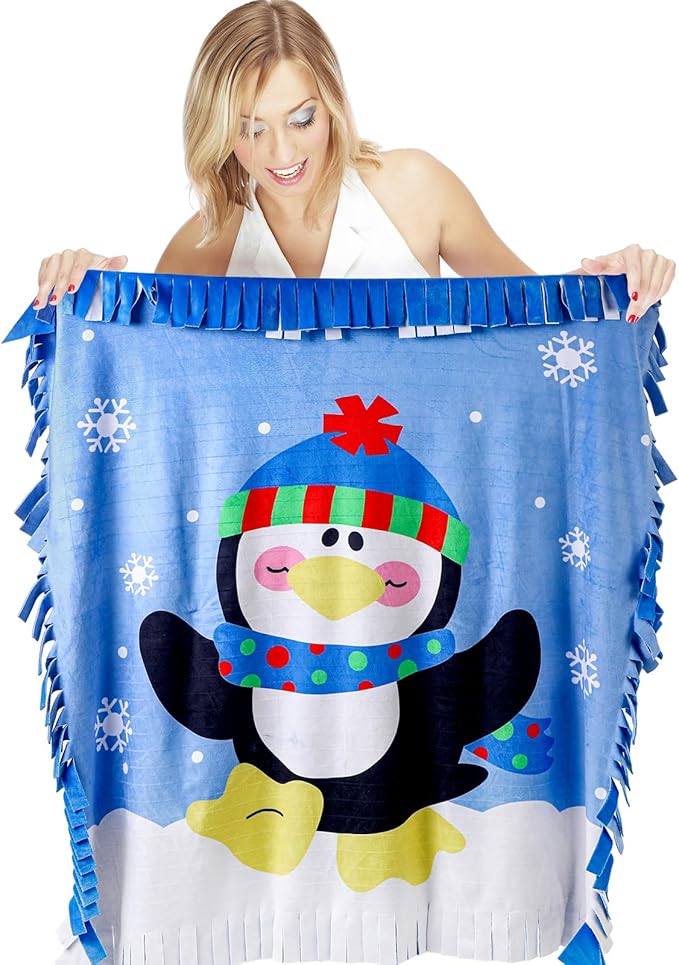 Peryiter Penguin Fleece Throw Craft Kit Soft Plush Throw Tie Blanket DIY Felt Fleece Gift for Winter Holiday Craft Fun Home Activities, 54 Inch x 54 Inch