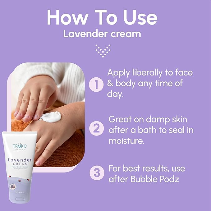 TruKid Lavender Bubble Podz, Baby Cream & Bubble Glove Set – Soothing Bath and Skincare Bundle for Kids