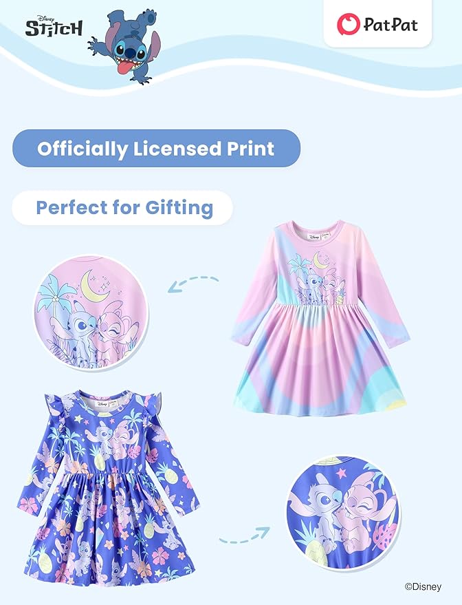 Disney Frozen Elsa Stitch Princess Minnie Mouse Toddler Girl Dresses 2 Pack Ruffle Long Sleeve Dress Set (3 Months - 6 Years)