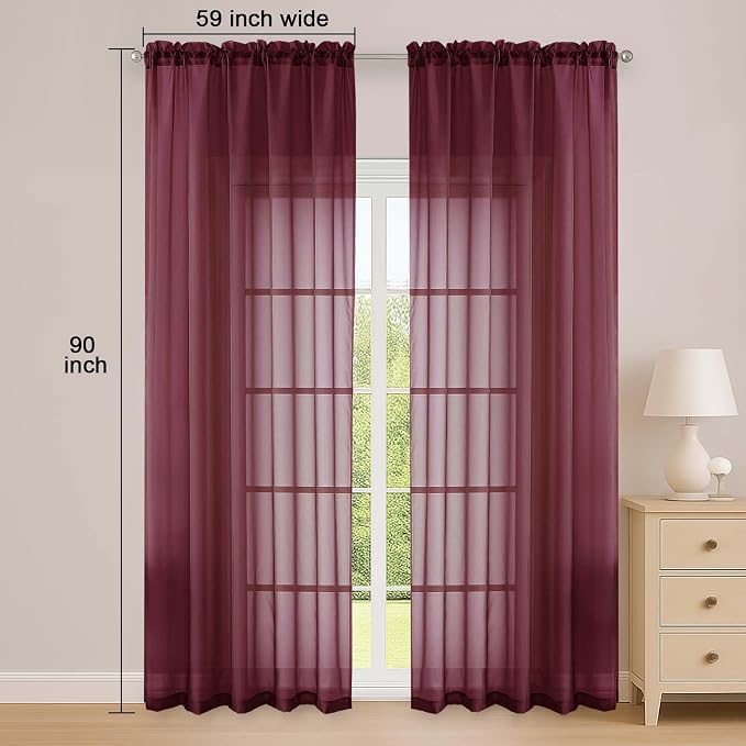 OWENIE Sheer Curtains 84 Inches Long 2 Panels Set, Burgundy Sheer Curtain for Living Room Bedroom, Modern Filmy Rod Pocket Curtains Drapes, 2 Pcs, Each 59 W x 84L, Burgundy
