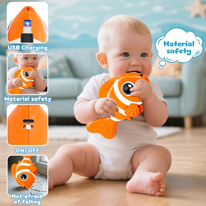 Crawling Fish Baby Toys, Novelty Tummy Time Toys for Babies 6-12 Months, Magic Swinging Fish Music Crawling Toys for Infant Toddler 12-18 Learning Crawl Walking Dancing 1st Valentines Days Gift