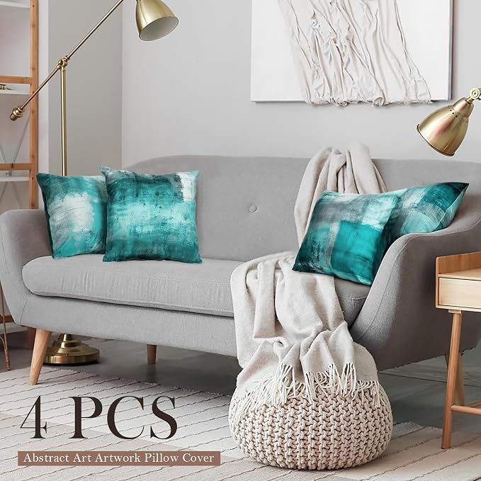 Teal Abstract Throw Pillow Covers 16x16 Set of 4 | Turquoise & Grey modern‑art cushion covers, aesthetic accent pillowcases for sofa, bedroom and chair
