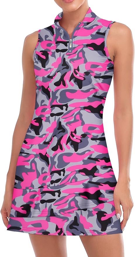 Viracy Tennis Dress for Women Sleeveless Golf Dresses with Shorts and Pockets Ruffle Zip Up Stand Collar Golf Outfits
