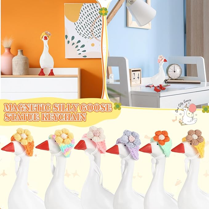 Geyoga 6 Pcs Mini Knitted Hats 7 Inch Goose Outfits Hat with Adjustable Strap Mini Porch Goose Headwear for Statue Key Holder