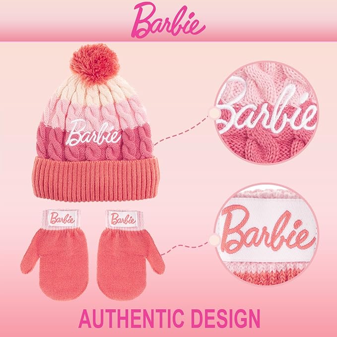 Barbie Girls Winter Hat with Gloves for Ages 5-13 Years – Ultra Soft Pink Beanie Winter Hat for Outdoors