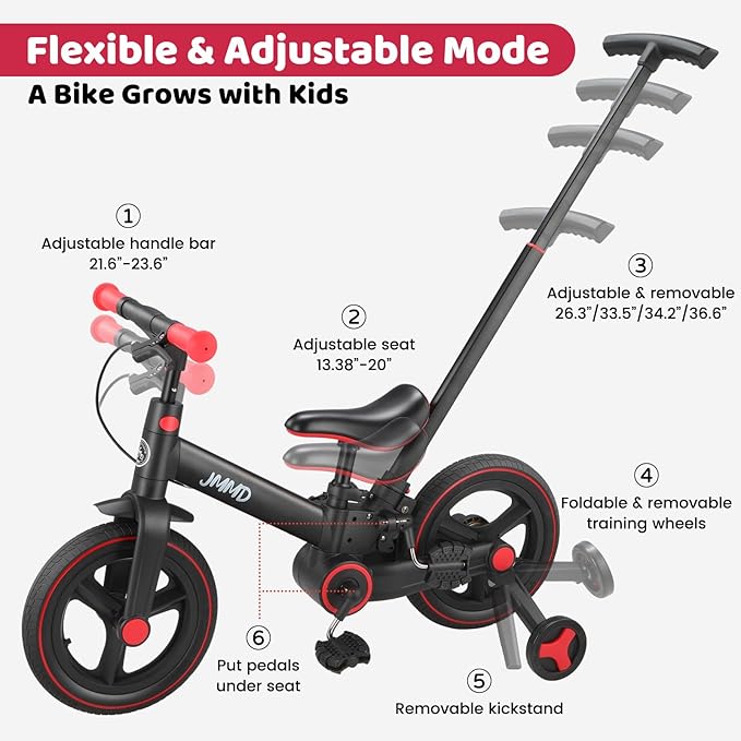 JMMD 6 in 1 Toddler Bike with Push Handle for Kids 18-60 Months, 12" Foldable Balance Bike with Training Wheels, Pedals, Brakes, Kickstand, Push Tricycle Toddler Gift & Toys for Boy & Girl