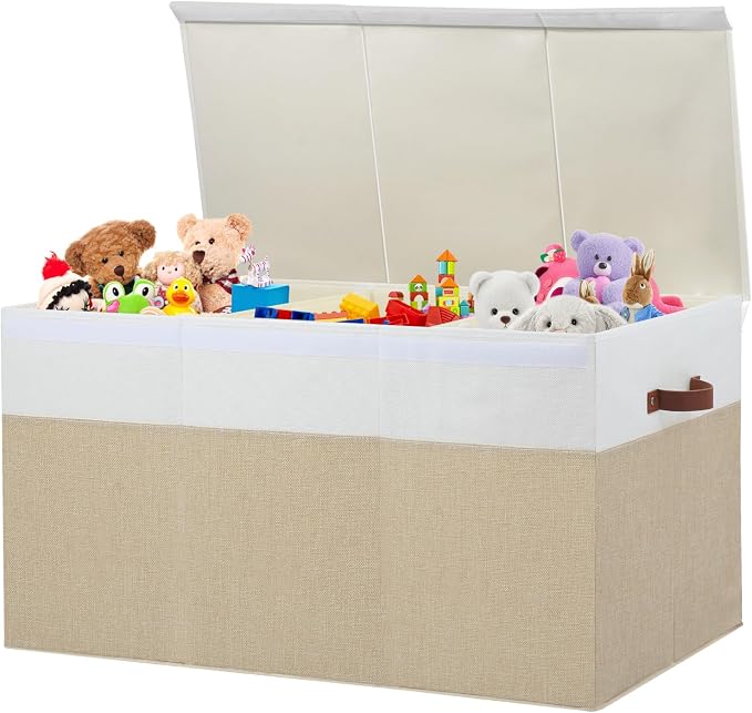 Extra Large Toy Storage Box with Lid,Toy Chest Bin Basket with Dividers | Sturdy Toy Organizer Bin for Kids, Boys, Girls, Nursery, Closet, Bedroom, Playroom 35.5"x17" x17" (Beige and White)