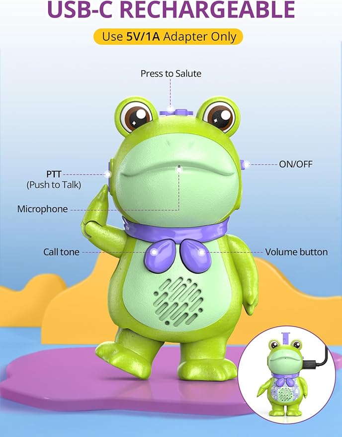 Toddler Walkie Talkies for Kids Rechargable, DIY Dress-Up Saluting Frog Toys, 2 Pack Cute Indoor Outdoor Playset with Stickers, Birthday for 3 4 5 6 7 8 Year Old Girls Boys