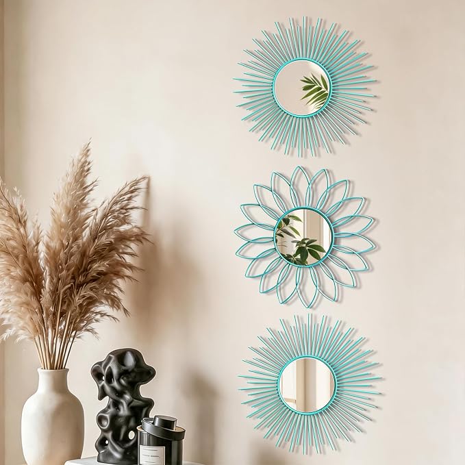 3 Pack Metal Mirrors for Wall Sunburst Wall Mirrors Home Décor Decorative Hanging Wall Art for Living Room Bedroom Entryway (Greenish Blue, Flower+Sunburst)
