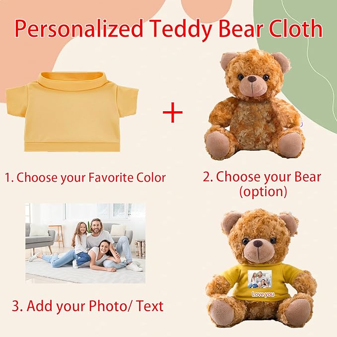 Personalized Teddy Bear Clothes with Photo Text, Custom Stuffed Animal Clothing Fit 8-16inch Stuffed Bear Clothes, Personalized Doll Clothing Make Your Own Plush Doll Shirt