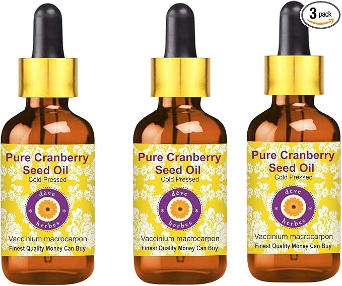 Deve Herbes Pure Cranberry Seed Oil (Vaccinium macrocarpon) with Glass Dropper Cold Pressed (Pack of Three) 100ml X 3 (10 oz)