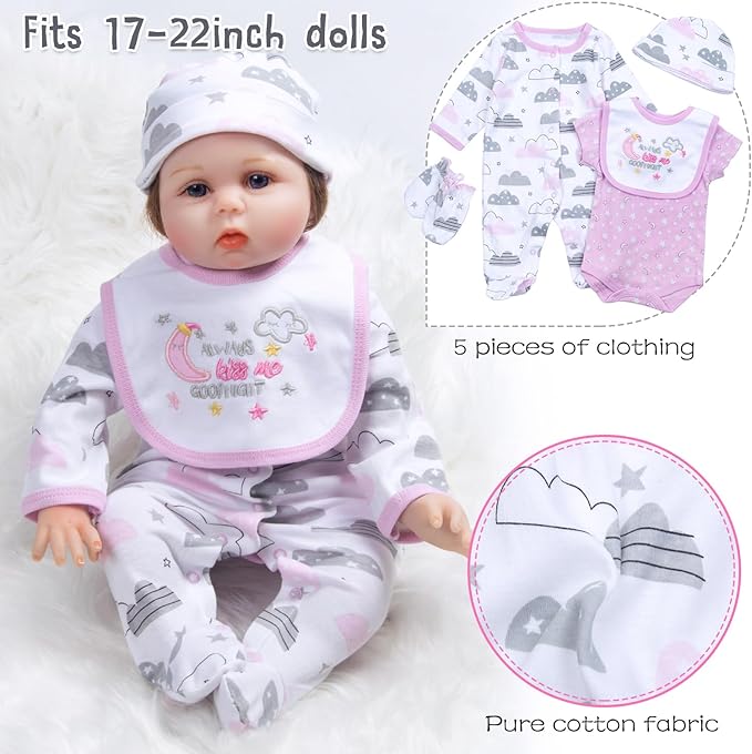 PEDOLLTREE 13 Pcs Reborn Baby Dolls Clothes Girl Accessories Outfit with Pink Dot Bassinet and Diapers Set for 17-22 Inch Reborn Dolls Newborn Baby Girl