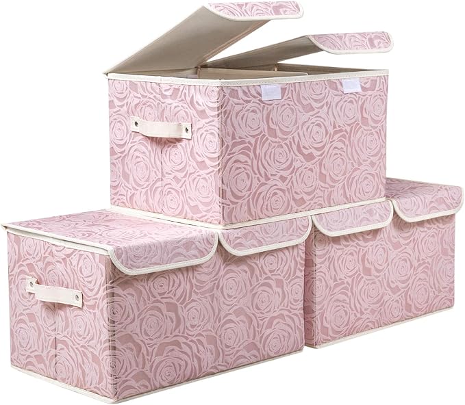 Large Stackable Storage Bins with Lids Fabric Decorative Storage Box Cubes Organizer Containers Baskets with Cover Handles Divider for Bedroom Closet Living Room 17.3x11.8x9.8 Inch 3 Pack